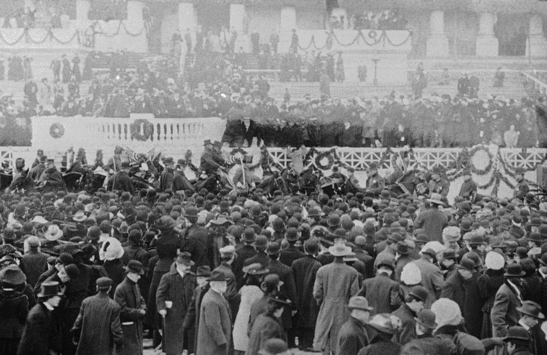 President William Howard Taft  sits in a horse draw carriage beside his wife Helen after Inaugural  ceremonies at the Capitol, in center of photo.  The inauguration took place in the Senate chamber because of a blizzard on March 4, 1909.   For the first time in the country's history, the president's wife  accompanied her husband on the return ride in the procession from the Capitol to the White House following his Inauguration.    (AP Photo/Library of Congress)
