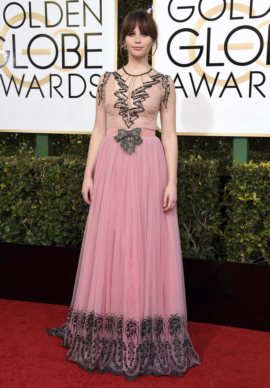 Felicity Jones arrives at the 74th annual Golden Globe Awards at the Beverly Hilton Hotel on Sunday, Jan. 8, 2017, in Beverly Hills, Calif. (Photo by Jordan Strauss/Invision/AP)