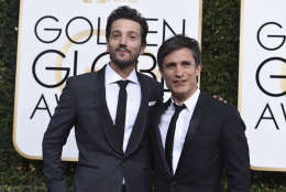 Diego Luna, left, and Gael Garcia Bernal arrive at the 74th annual Golden Globe Awards at the Beverly Hilton Hotel on Sunday, Jan. 8, 2017, in Beverly Hills, Calif. (Photo by Jordan Strauss/Invision/AP)