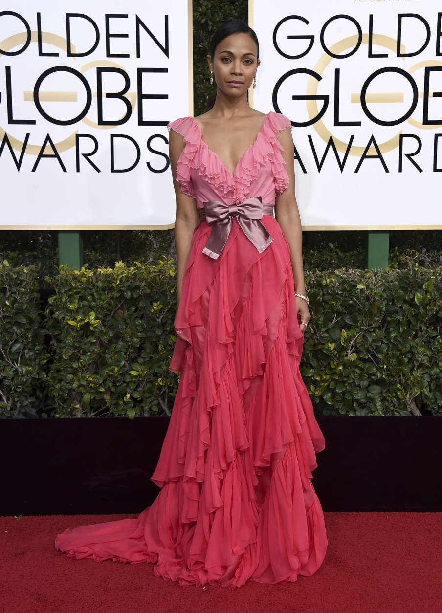 Zoe Saldana arrives at the 74th annual Golden Globe Awards at the Beverly Hilton Hotel on Sunday, Jan. 8, 2017, in Beverly Hills, Calif. (Photo by Jordan Strauss/Invision/AP)