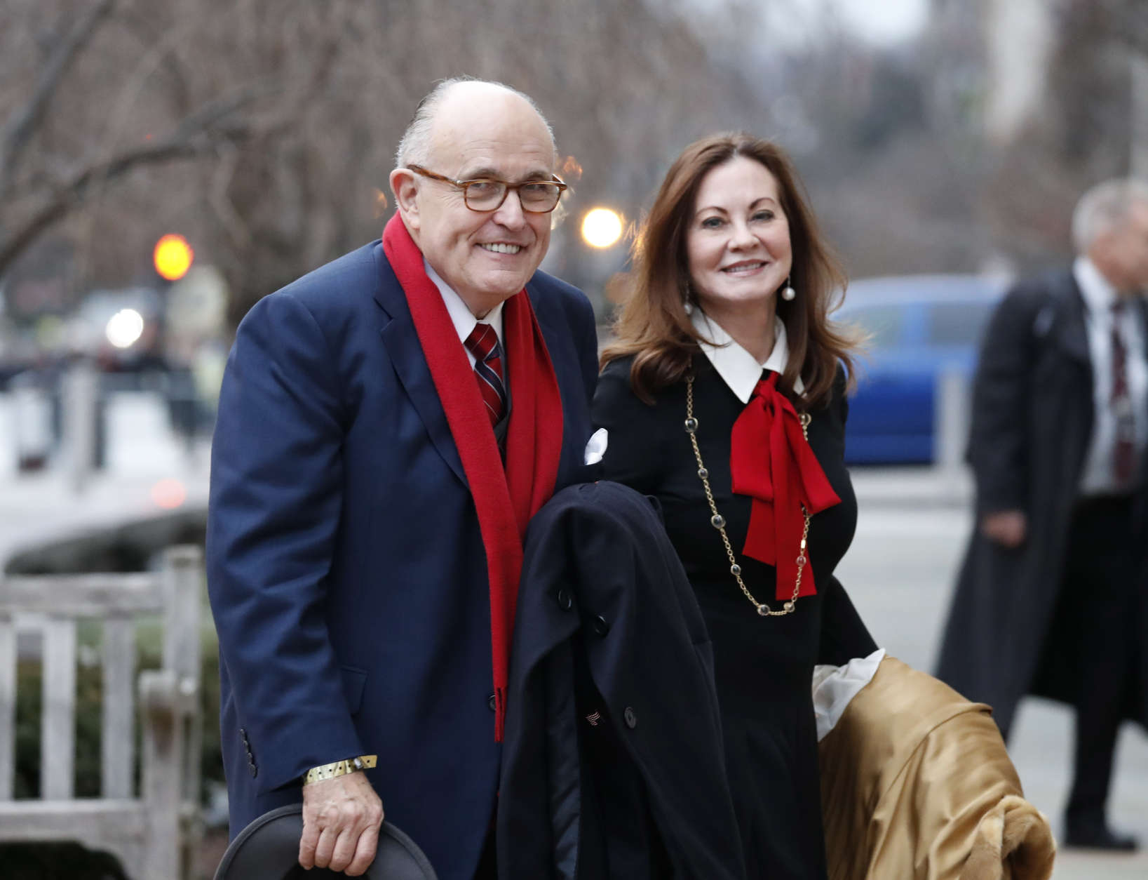 Rudy Giuliani and his wife Judith, arrives for a church service at St. John’s Episcopal Church across from the White House in Washington, Friday, Jan. 20, 2017, on Donald Trump's inauguration day. (AP Photo/Alex Brandon)