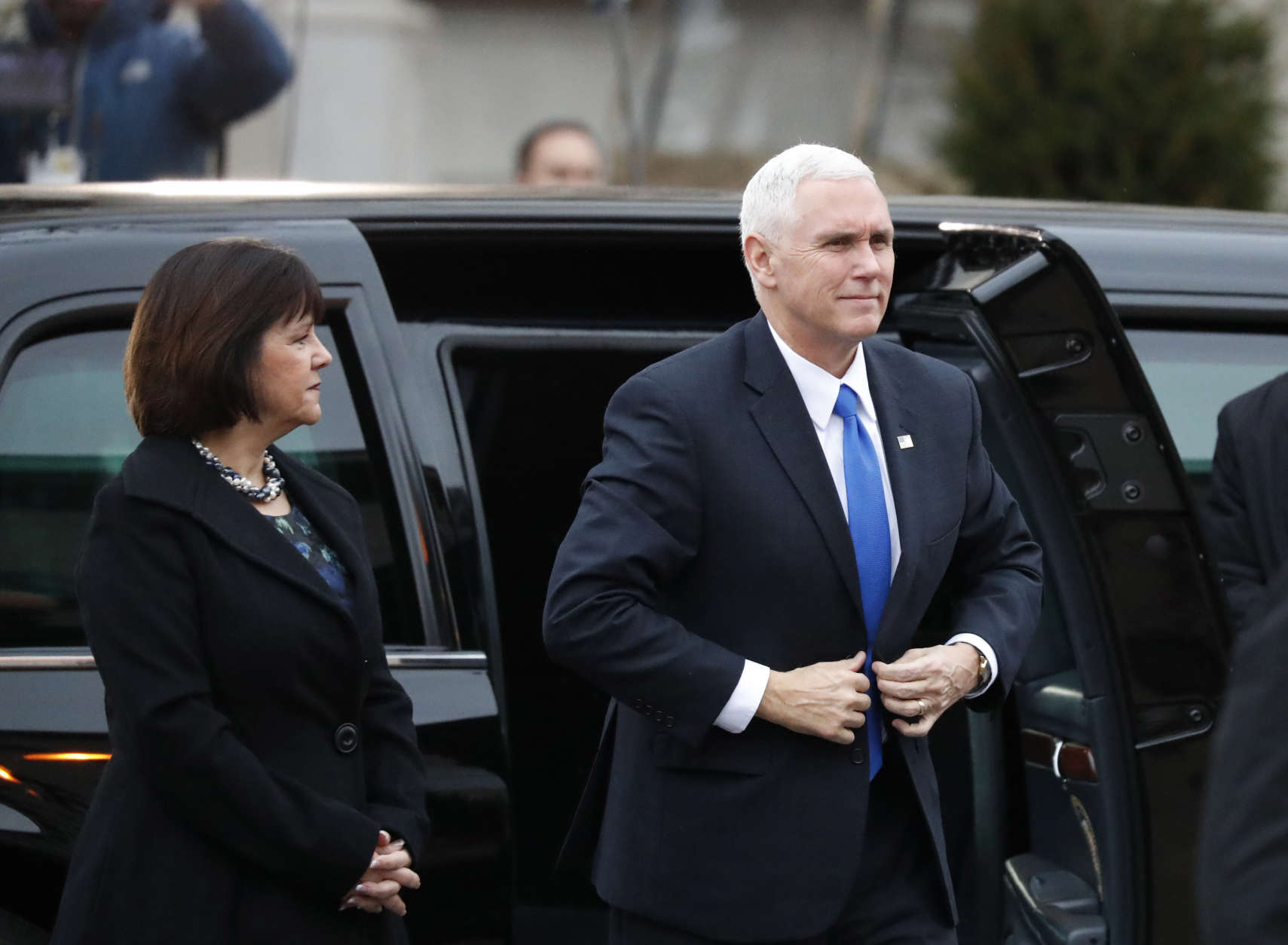 Vice President-elect Mike Pence and his wife Karen, arrives for a church service at St. John’s Episcopal Church across from the White House in Washington, Friday, Jan. 20, 2017, on Donald Trump's inauguration day. (AP Photo/Alex Brandon)