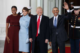 President Barack Obama and first lady Michelle Obama stand with President-elect Donald Trump and his wife Melania Trump at the White House, Friday, Jan. 20, 2017, in Washington. (AP Photo/Evan Vucci)