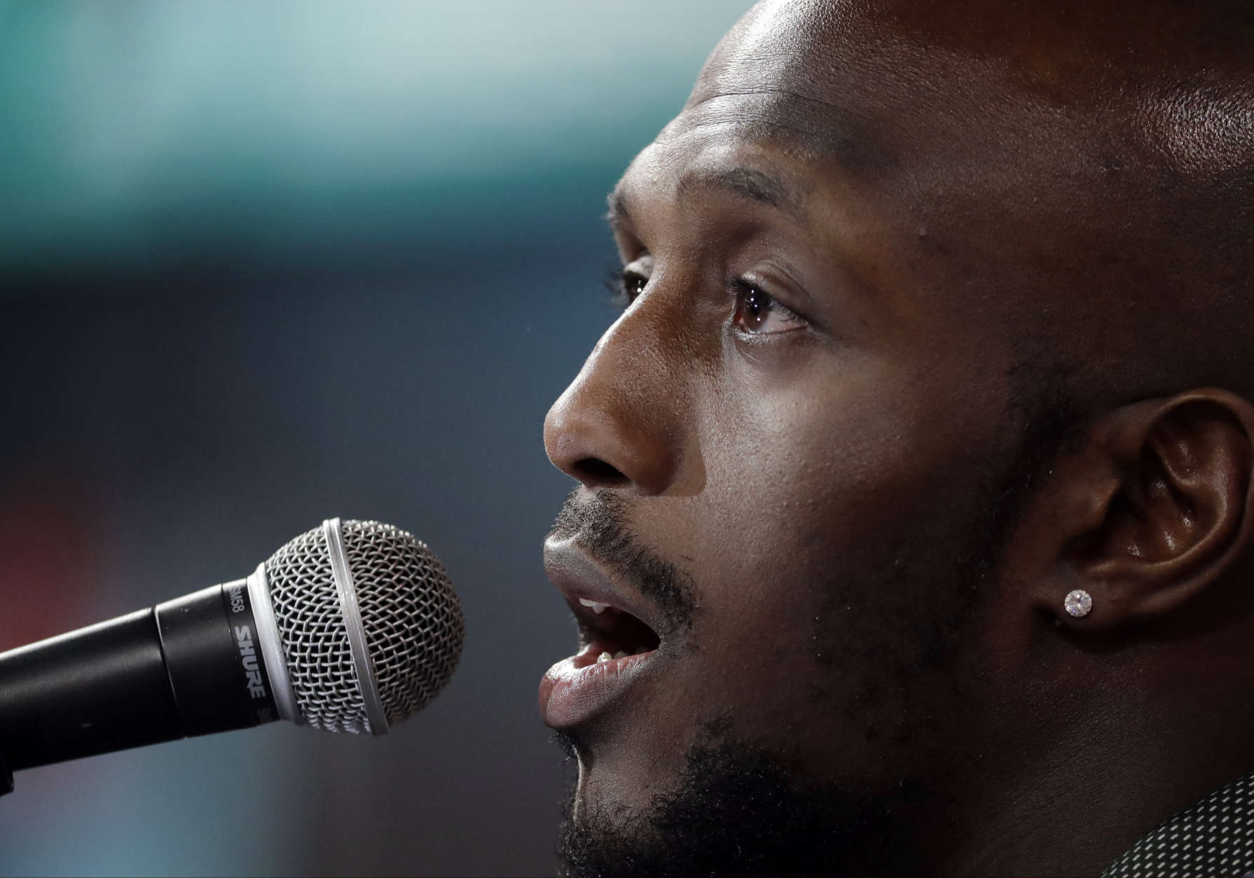 New England Patriots' Devin McCourty answers questions during opening night for the NFL Super Bowl 51 football game at Minute Maid Park Monday, Jan. 30, 2017, in Houston. (AP Photo/Charlie Riedel)