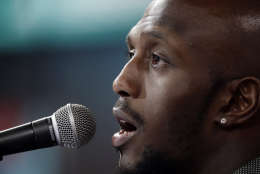 New England Patriots' Devin McCourty answers questions during opening night for the NFL Super Bowl 51 football game at Minute Maid Park Monday, Jan. 30, 2017, in Houston. (AP Photo/Charlie Riedel)