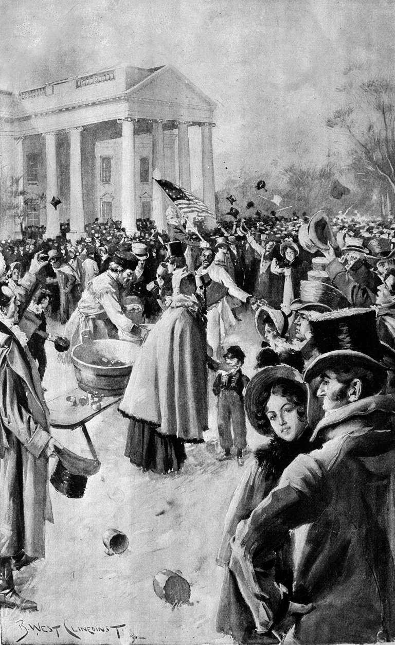 This artist's rendition shows the crush of people after President Andrew Jackson's inaugural ceremony, held on the East Portico of the Capitol building for the first time, in Washington, D.C., on March 4, 1829.  Following the inaugural proceedings, more than 20,000 well-wishers came to the White House to meet President Jackson.  (AP Photo)