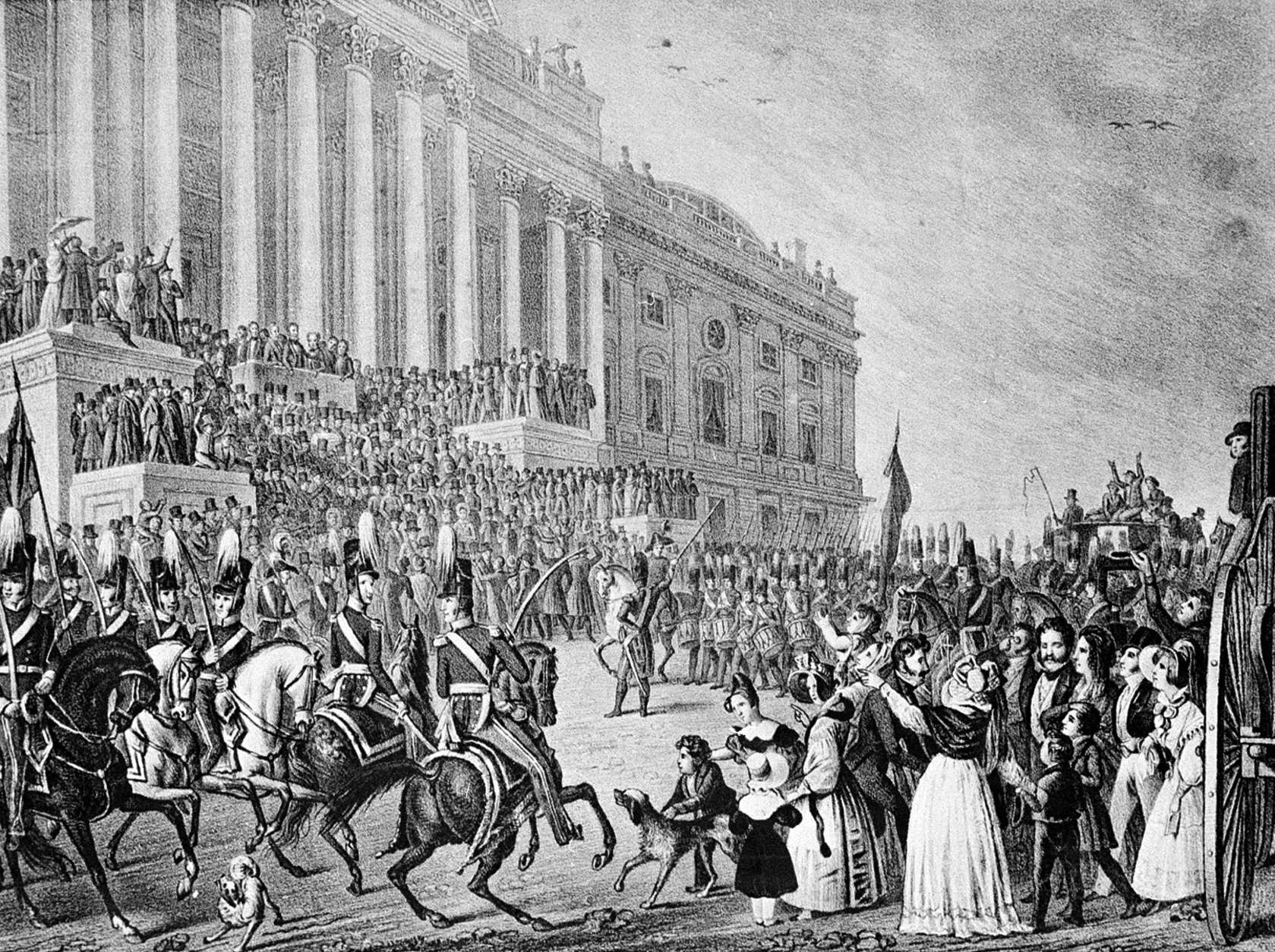 This is an artist's impression of President William Henry Harrison's inauguration in Washington, D.C., on March 4, 1841.  Harrison declined the offer of a closed carriage and rode on horseback to the Capitol, braving cold temperatures and a northeast wind. After speaking for more than an hour, he returned to the White House on horseback, catching a chill that eventually turned to pneumonia. He died a month later.  (AP Photo)