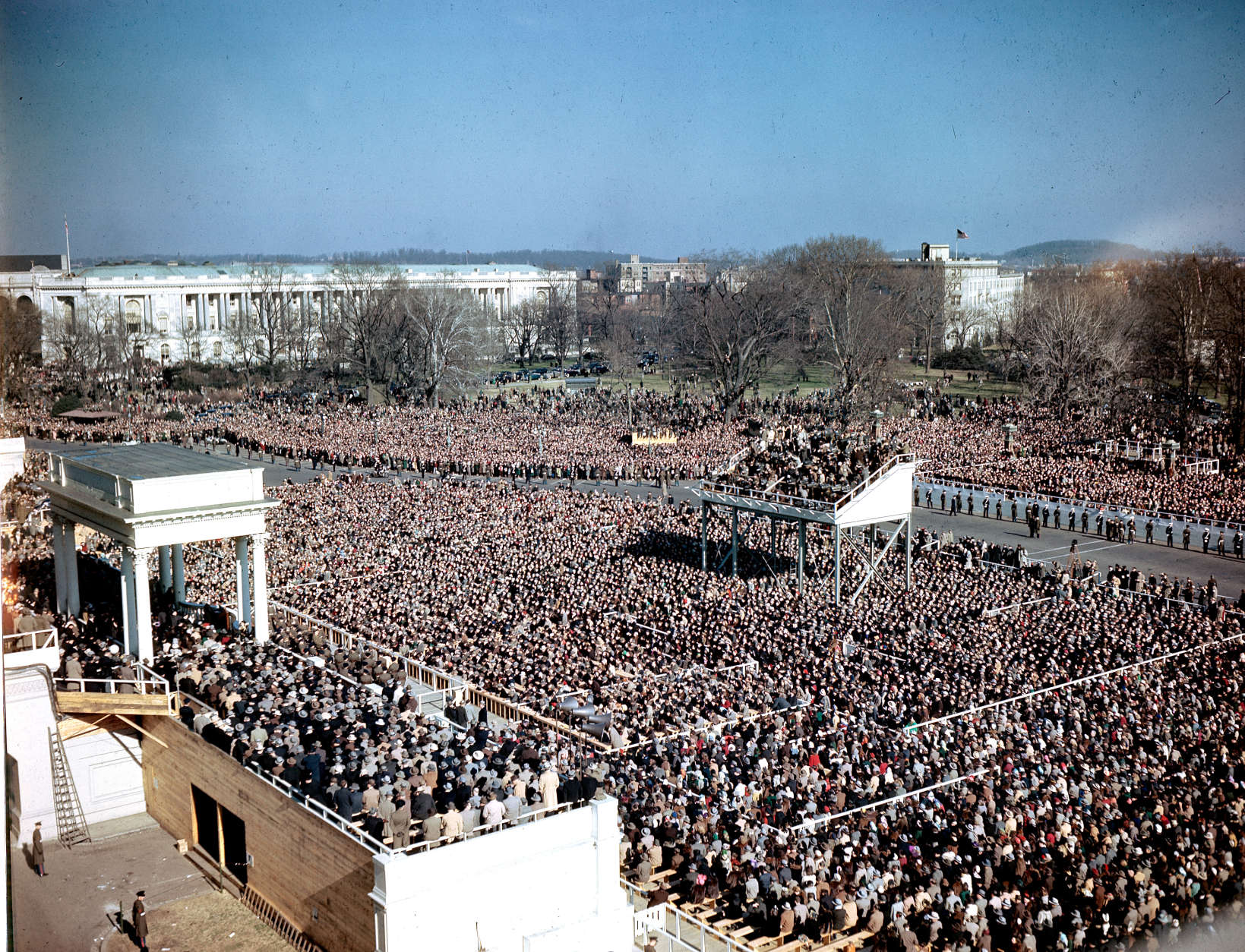 People gather in front of the Capitol Building for Harry S. Truman's inauguration ceremony as he takes the oath of office in Washington, D.C., on Jan. 20, 1949. (AP Photo)