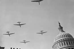 Giant B-36 planes of the U.S. Air Force join the inaugural parade in a flight over the Capitol dome in Washington, Jan. 20, 1949. (AP Photo)