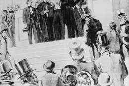 President James Buchanan delivers his address after being sworn in as the 15th president of the United States in front of the Capitol in Washington, D.C., March 4, 1857.  The oath was administered by Chief Justice Roger B. Taney.  (AP Photo)