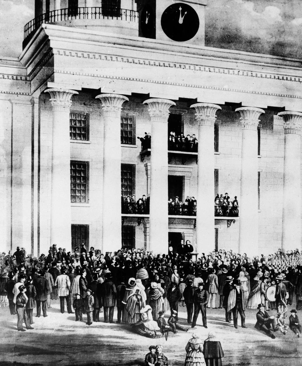 This was the scene during the inauguration of the President of the Confederate States of America, Jefferson Davis, Feb. 18, 1861, in Montgomery, Ala., painted by artist James Mamelon from a photograph taken on the spot and owned by Col. William C. Howell.  (AP Photo)