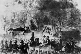 This drawing shows Abraham Lincoln's inaugural procession passing the gates of the Capitol grounds in Washington, D.C., on March 4, 1861.  Retiring President James Buchanan, donning his top hat, is shown seated at Lincoln's side in the open carriage. (AP Photo)