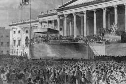 This photograph of a drawing shows President Abraham Lincoln deliver his address after being sworn in as the 16th president of the United States in front of the U.S. Capitol in Washington, D.C., on March 4, 1861.  (AP Photo)