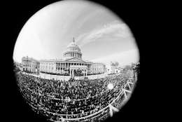 This fisheye view shows the inauguration day ceremony of President Lyndon B. Johnson as he is sworn in as the 36th president of the United States, Jan. 20, 1965.  (AP Photo)