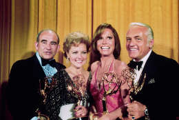 LOS ANGELES, CA - MAY 17, 1976: (L-R) "The Mary Tyler Moore Show" co-stars - Ed Asner, Betty White, Mary Tyler Moore and Ted Knight - all won awards at the Academy of Television Arts &amp; Sciences 28th Annual Primetime Emmy Awards held at the Shubert Theatre on May 17, 1976 in Los Angeles, California. (Photo by TVA/PictureGroup/Invision for the Academy of Television Arts &amp; Sciences/AP Images)