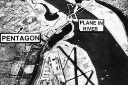This photo diagram shows the location of National Airport, from which an Air Florida Boeing 737 jetliner crashed while taking off in Washington, Wednesday, Jan. 13, 1982. The aircraft crashed into a bridge crowded with rush hour commuters, then plunged into the icy waters of the Potomac River nearby. Thirty-five years later, the airport is now called Reagan National Airport.  (AP Photo)