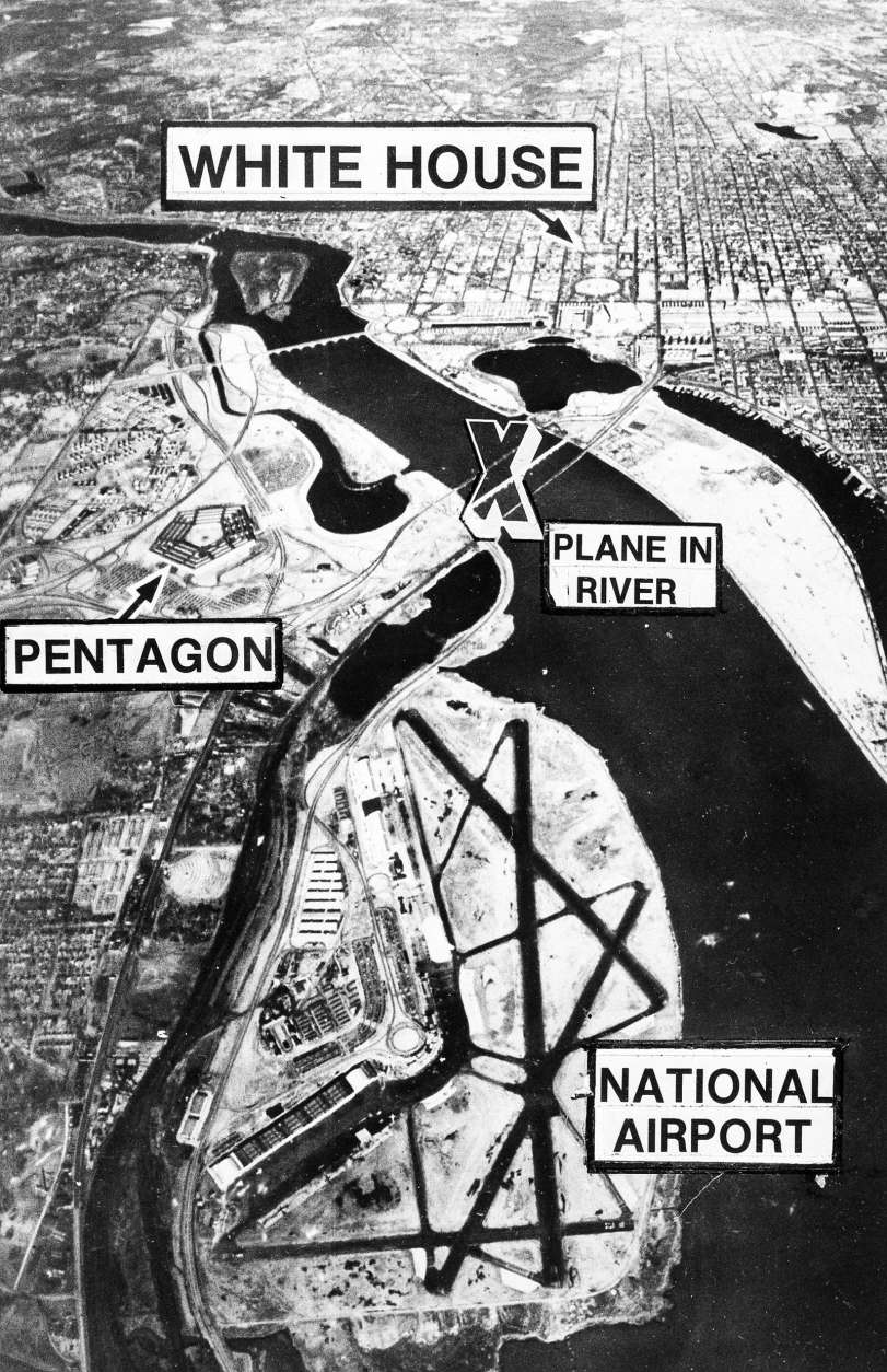 This photo diagram shows the location of National Airport, from which an Air Florida Boeing 737 jetliner crashed while taking off in Washington, Wednesday, Jan. 13, 1982. The aircraft crashed into a bridge crowded with rush hour commuters, then plunged into the icy waters of the Potomac River nearby. Thirty-five years later, the airport is now called Reagan National Airport.  (AP Photo)