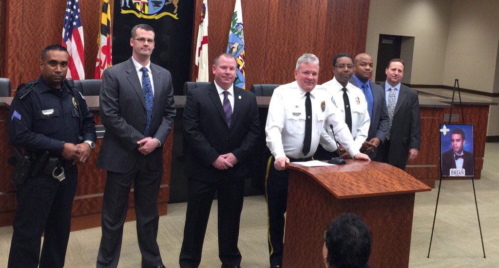 Police and criminal justice officials in Prince George's County, Md. prepare to brief the media on the latest development in an 11-year-old cold case in Laurel, Md. during a news conference Thursday, Jan. 5, 2017, at City Hall. (WTOP/Kristi King)