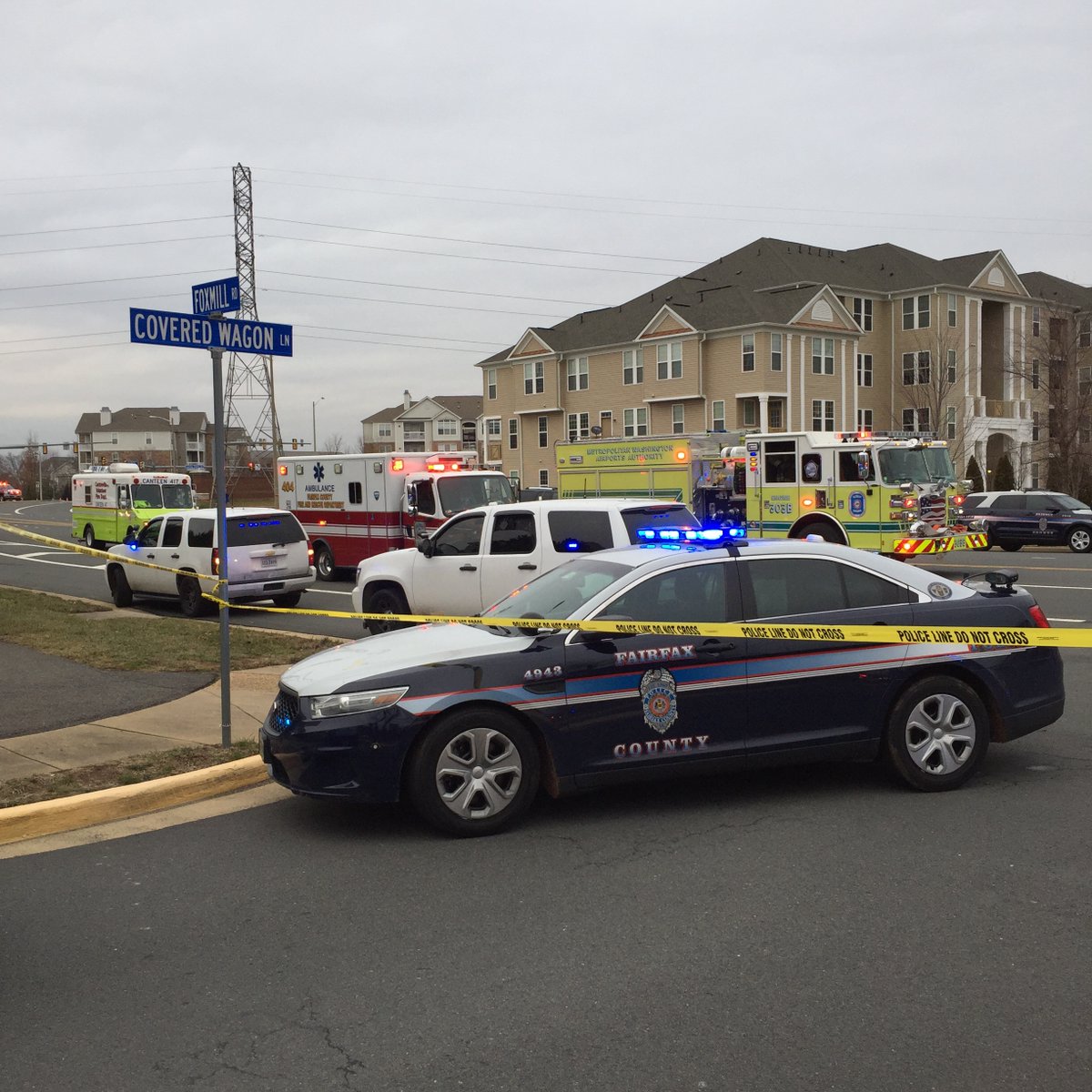 Fairfax County police at the scene of a domestic shooting in Herndon Monday afternoon that escalated to an officer-involved shooting. (Courtesy Fairfax County police)