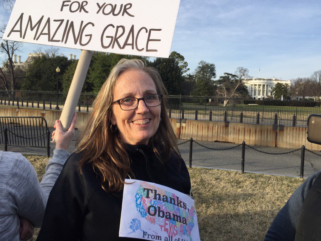 Jody Brady of Round Hill, Virginia, on Elipse saying goodbye to the Obama family. She has cancer and says she is grateful for the Affordable Care Act. (WTOP/Kristi King)