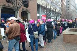 The line to get into the Ballston Metro station to make it to the Women's March on Washington in D.C. Saturday morning, Jan. 21, 2017. (WTOP/Dennis Foley)
