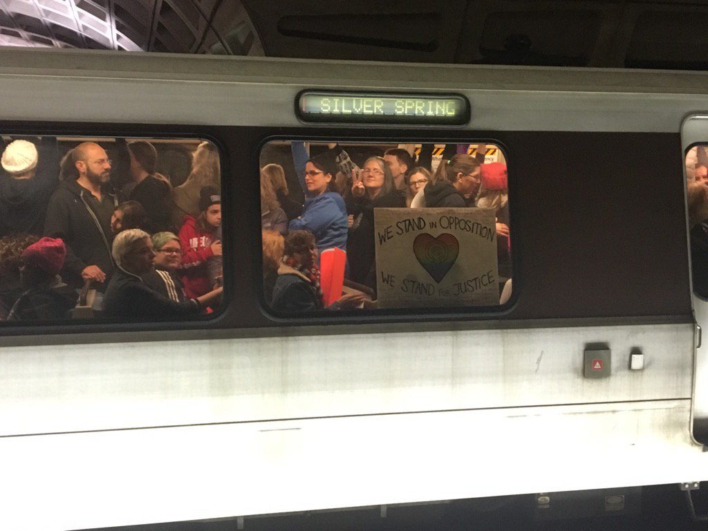Participants for the Women's March on Washington pack a Red Line train on Saturday, Jan. 21, 2017. Metro officials said ridership reached a record 1 million. (WTOP/Max Smith)