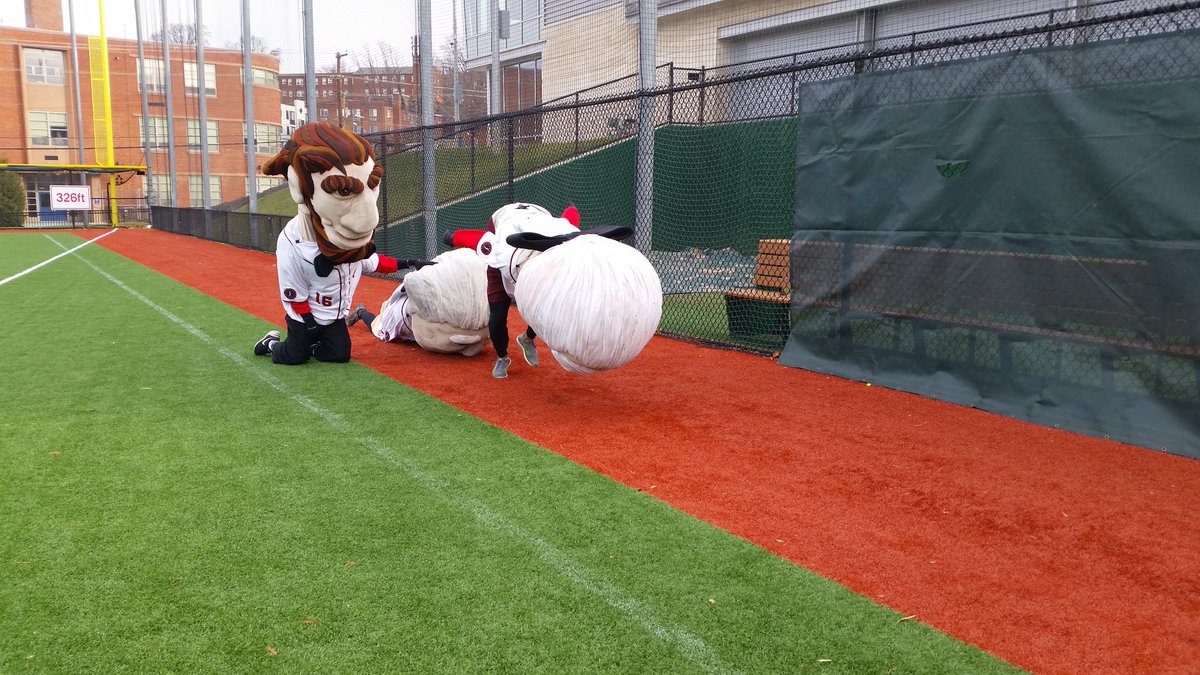 The Washington Nationals Racing Presidents costumes way 40 pounds and are extremely top-heavy, causing these contestants to fall on their faces during tryouts on Sunday, Jan. 29, 2017. (WTOP/Kathy Stewart)