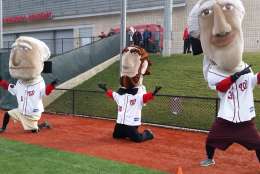 Washington Nationals Racing Presidents strike a “victory pose” during tryouts on Sunday, Jan. 29, 2017. (WTOP/Kathy Stewart)