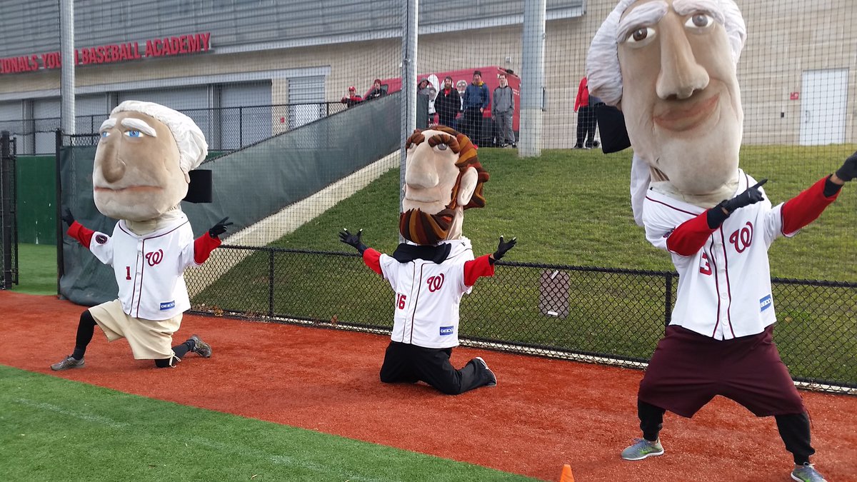 Washington Nationals Racing Presidents strike a “victory pose” during tryouts on Sunday, Jan. 29, 2017. (WTOP/Kathy Stewart)