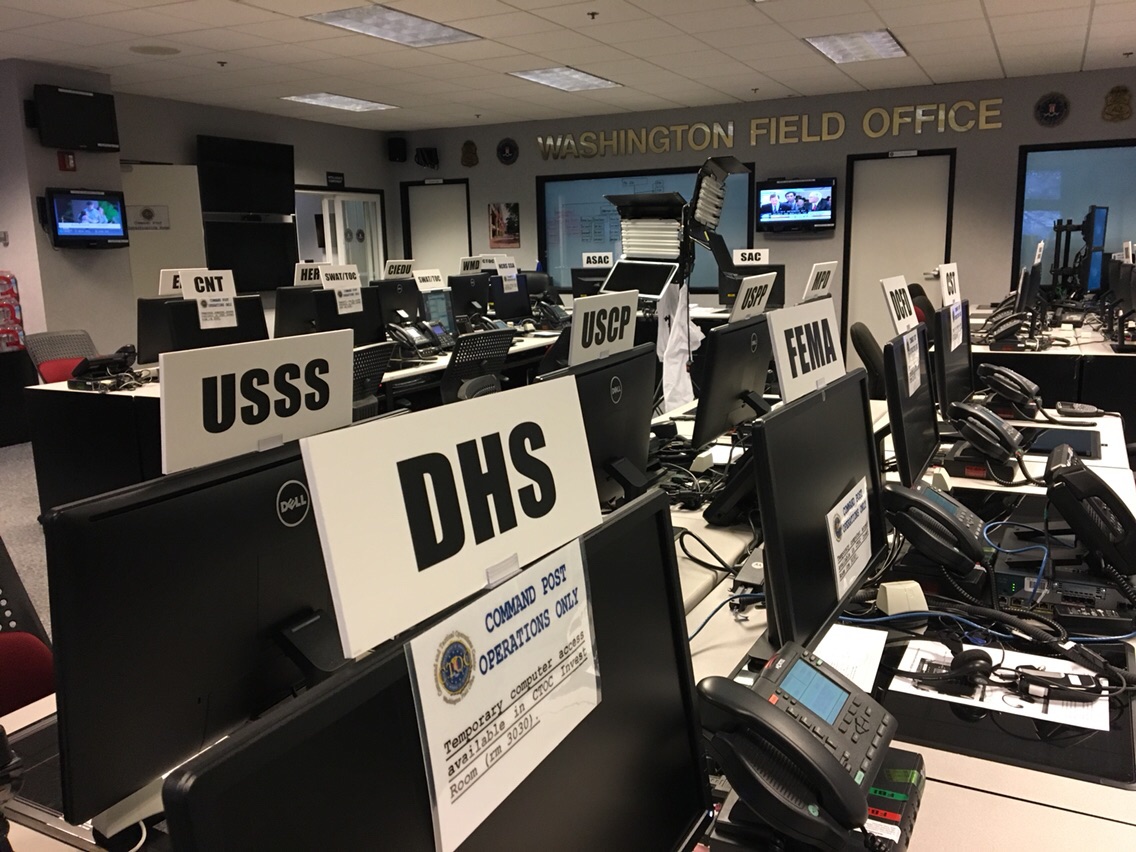 Workstations at the Command and Tactical Operations Center at the FBI's Washington Field Office. (WTOP/J.J. Green)