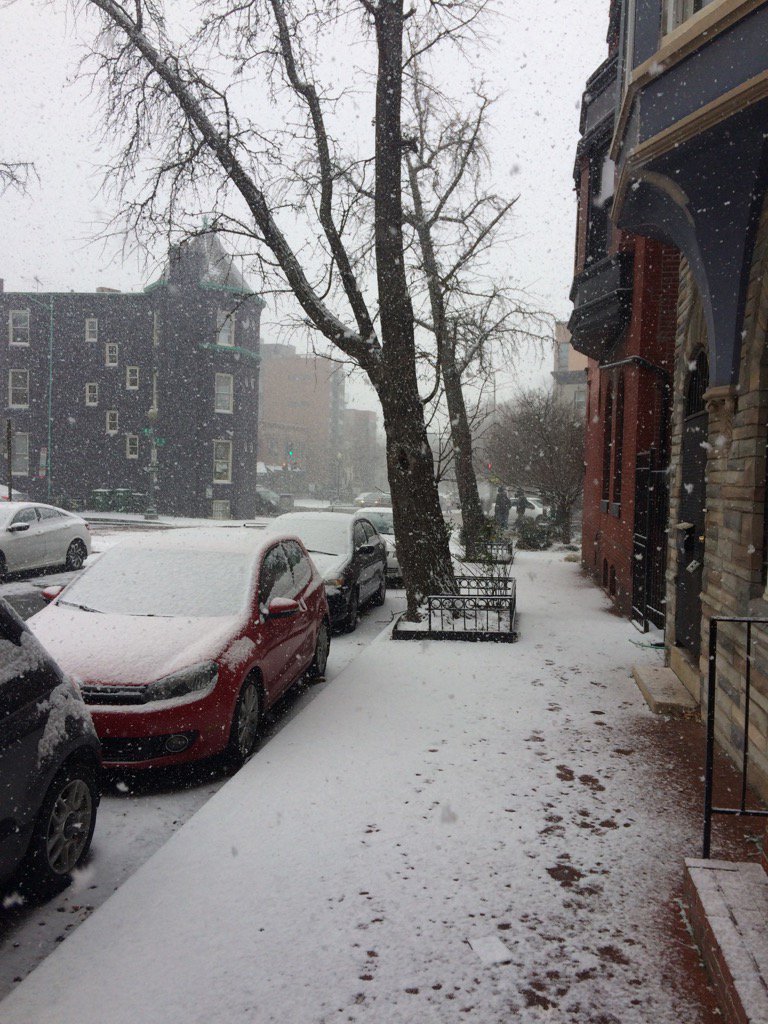 Snow falls at 7th and T Street Northwest in D.C. Saturday around noon. (WTOP/Dick Uliano)