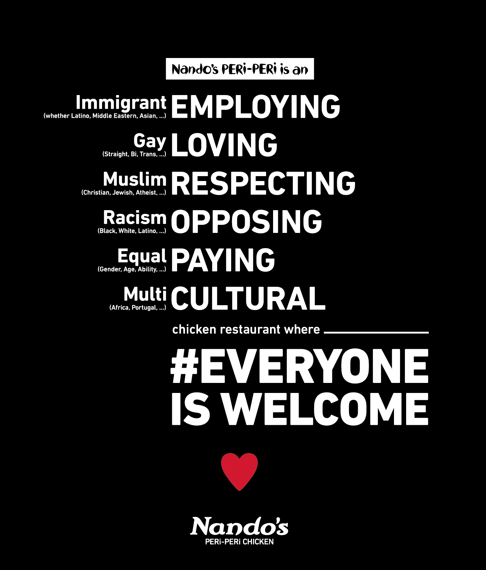 Nando’s is launching a campaign at its D.C. restaurants declaring “#Everyone is Welcome,” to express the international restaurant chain’s belief in the values of inclusion, diversity and mutual respect. (Courtesy Nando's Peri-Peri)