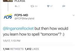 This is a screengrab of the initial Twitter exchange between a Frederick County Public Schools social media staffer and a student. The original tweet has since been deleted. (Courtesy The Frederick News Post)