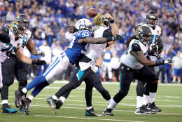 INDIANAPOLIS, IN - JANUARY 01:  Blake Bortles #5 of the Jacksonville Jaguars fumbles the ball as he is hit by Erik Walden #93 of the Indianapolis Colts  during the game at Lucas Oil Stadium on January 1, 2017 in Indianapolis, Indiana.  (Photo by Andy Lyons/Getty Images)