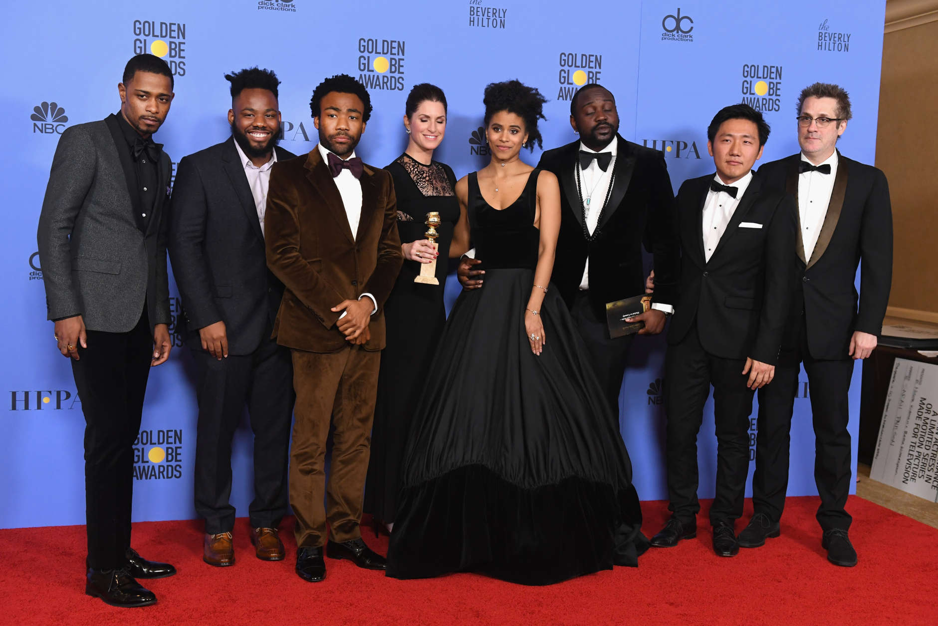 BEVERLY HILLS, CA - JANUARY 08:  Cast and crew of 'Atlanta,' winners of Best Series - Musical or Comedy, pose in the press room during the 74th Annual Golden Globe Awards at The Beverly Hilton Hotel on January 8, 2017 in Beverly Hills, California.  (Photo by Kevin Winter/Getty Images)
