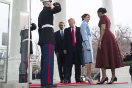 WASHINGTON, DC - JANUARY 20:  President Barack Obama and First Lady Michelle Obama welcome President-elect Donald Trump and his wife Melania Trump to the White House prior to the inauguration in Washington, D.C. on January 20, 2017. Later today Donald Trump will be sworn-in as the 45th President.  (Photo by Kevin Dietsch-Pool/Getty Images)