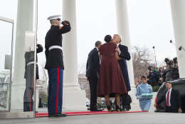 WASHINGTON, DC - JANUARY 20:  President-elect Donald Trump kisses First Lady Michelle Obama as hi and his wife Melania Trump are greeted by President Barack Obama and the First Lady as they arrive at the White House prior to his inauguration in Washington, D.C. on January 20, 2017. Later today Donald Trump will be sworn-in as the 45th President. (Photo by Kevin Dietsch-Pool/Getty Images)