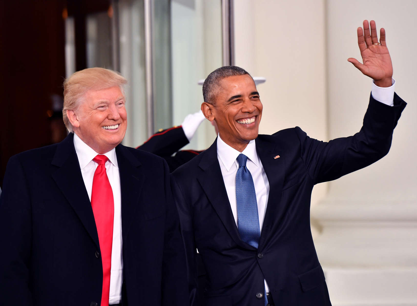 President-elect Donald Trump and President Barak Obama smile at the White House before the inauguration on Jan. 20, 2017, in Washington, D.C.   (Photo by Kevin Dietsch-Pool/Getty Images)