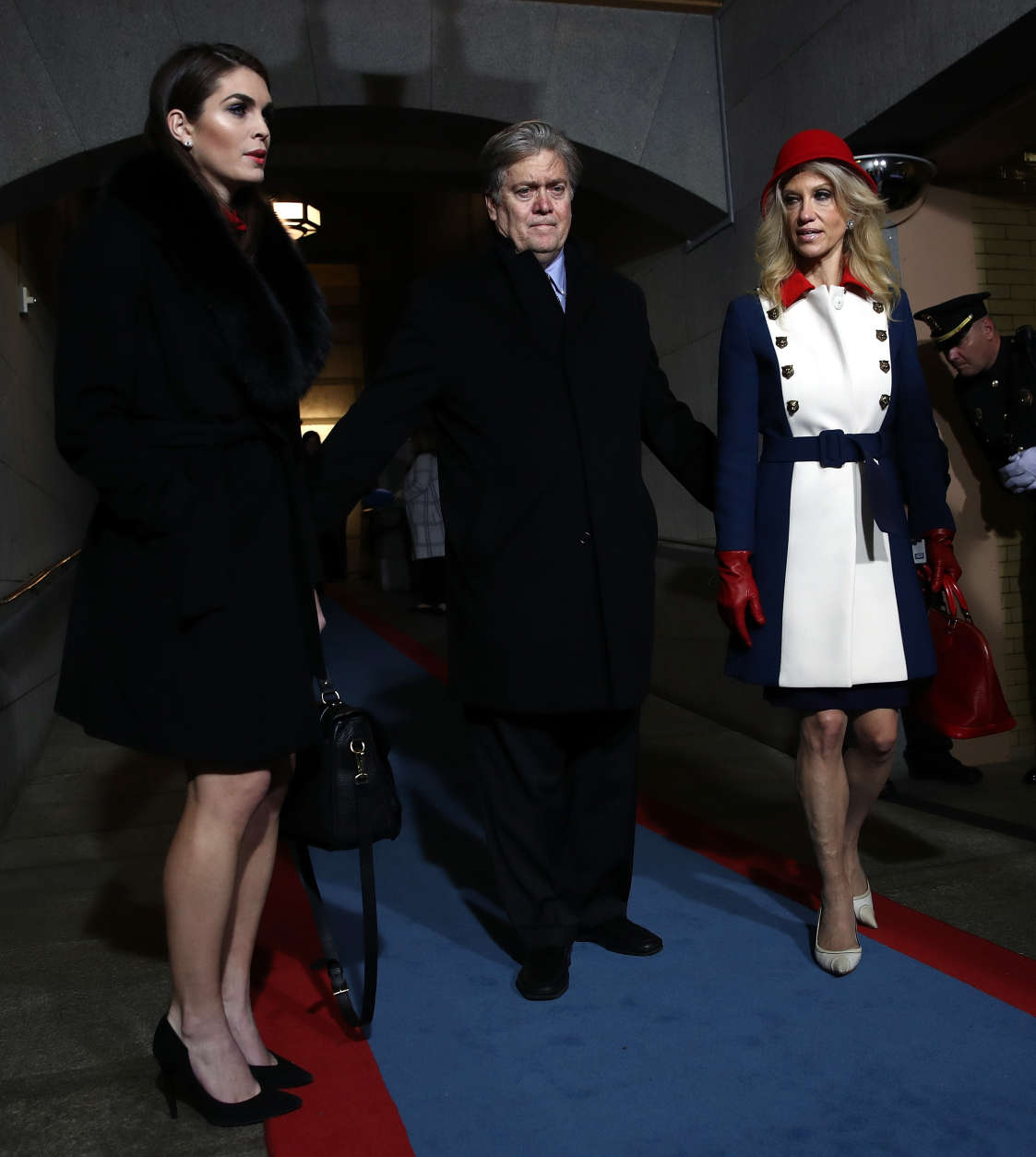 WASHINGTON, DC - JANUARY 20:  (L-R) Donald Trump's White House Director of Strategic Communications Hope Hicks, Senior Counselor Steve Bannon and Counselor to the President Kellyanne Conway arrive for the presidential inauguration on the West Front of the U.S. Capitol on January 20, 2017 in Washington, DC. In today's inauguration ceremony Donald J. Trump becomes the 45th president of the United States.  (Photo by Win McNamee/Getty Images)