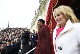 WASHINGTON, DC - JANUARY 20: US First Lady Michelle Obama (L) and Dr. Jill Biden arrive for the Presidential Inauguration of Donald Trump at the US Capitol on January 20, 2017 in Washington, DC. Donald J. Trump will become the 45th president of the United States today.  (Photo by Saul Loeb - Pool/Getty Images)