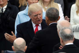 WASHINGTON, DC - JANUARY 20:  U.S. President Barack Obama (R) and President-elect Donald Trump speak on the West Front of the U.S. Capitol on January 20, 2017 in Washington, DC. In today's inauguration ceremony Donald J. Trump becomes the 45th president of the United States.  (Photo by Chip Somodevilla/Getty Images)