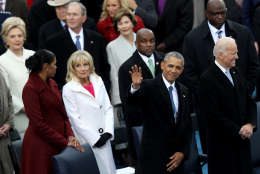 WASHINGTON, DC - JANUARY 20:  President Barack Obama waves to the crowd as Michelle Obama (L) and Jill Biden stand by on the West Front of the U.S. Capitol on January 20, 2017 in Washington, DC. In today's inauguration ceremony Donald J. Trump becomes the 45th president of the United States.  (Photo by Joe Raedle/Getty Images)