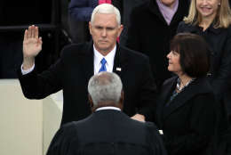 WASHINGTON, DC - JANUARY 20:  U.S. Vice President Mike Pence takes the oath of office on the West Front of the U.S. Capitol on January 20, 2017 in Washington, DC. In today's inauguration ceremony Donald J. Trump becomes the 45th president of the United States.  (Photo by Drew Angerer/Getty Images)
