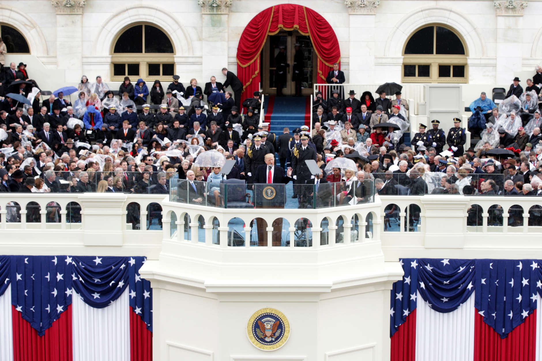 WASHINGTON, DC - JANUARY 20:  President Donald Trump delivers his inaugural address on the West Front of the U.S. Capitol on January 20, 2017 in Washington, DC. In today's inauguration ceremony Donald J. Trump becomes the 45th president of the United States.  (Photo by Alex Wong/Getty Images)