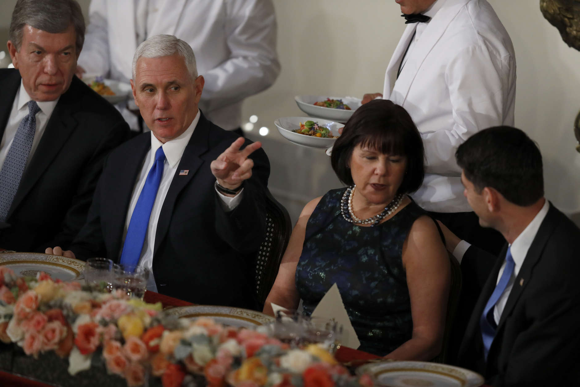 WASHINGTON, DC - JANUARY 20:  Vice President Mike Pence and his wife Karen Pence speak to Sen. Roy Blunt (R-MO) (L) and Speaker of the House Paul Ryan (R) during the Inaugural Luncheon in the US Capitol January 20, 2017 in Washington, DC. President Trump will attend the luncheon along with other dignitaries after being sworn in as the 45th President of the United States. (Photo by Aaron P. Bernstein/Getty Images)