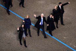 WASHINGTON, DC - JANUARY 20:  U.S. Vice President Mike Pence (3L) waves to supporters as he walks the parade route with his wife Karen Pence (3R) and their daughters Audrey Pence (L) and Charlotte Pence (2L) and son Michael Pence (R) during the Inaugural Parade on January 20, 2017 in Washington, DC. Donald J. Trump was sworn in today as the 45th president of the United States.  (Photo by Joe Raedle/Getty Images)