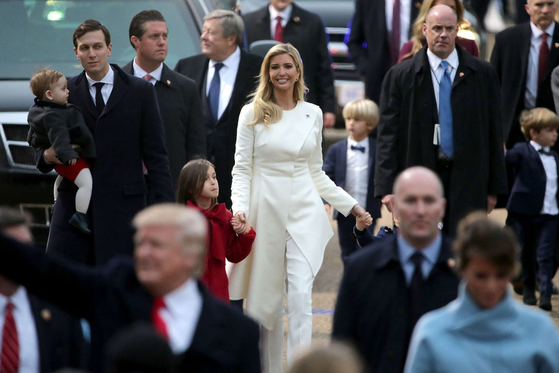 WASHINGTON, DC - JANUARY 20:  Jared Kushner, holding son Theodore Kushner, walks with wife Ivanka Trump and daughter Arabella Kusner behind U.S. President Donald J. Trump and first lady Melania Trump down Pennsylvania Avenue in front of the White House during the Inaugural Parade January 20, 2017 in Washington, DC. Donald J. Trump was sworn in today as the 45th president of the United States.  (Photo by Chip Somodevilla/Getty Images)