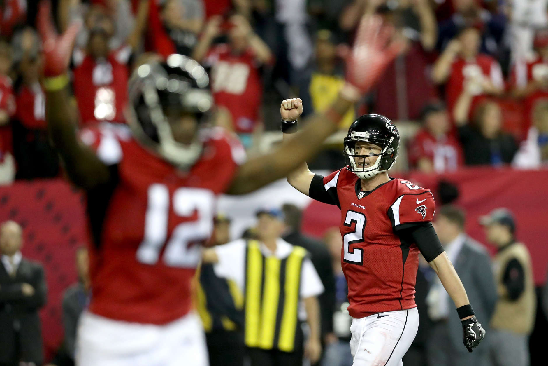 ATLANTA, GA - JANUARY 22:  Matt Ryan #2 of the Atlanta Falcons reacts after a touchdown in the fourth quarter against the Green Bay Packers in the NFC Championship Game at the Georgia Dome on January 22, 2017 in Atlanta, Georgia.  (Photo by Rob Carr/Getty Images)