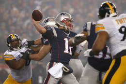 FOXBORO, MA - JANUARY 22:  Tom Brady #12 of the New England Patriots throws a pass during the first half against the Pittsburgh Steelers in the AFC Championship Game at Gillette Stadium on January 22, 2017 in Foxboro, Massachusetts.  (Photo by Jim Rogash/Getty Images)