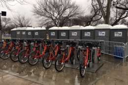 A line of portable toilets has appeared behind a Capital BikeShare station near the National Mall on Saturday, Jan. 14, 2017, in advance of Inauguration Day. (WTOP/Jenny Glick)